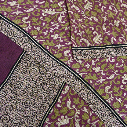 Indian Vintage Sari Purple Pure Crepe Silk Printed Sarees 5yd Sewing Soft Craft Fabric Wrap Dress Making Crafting Quilting Upcycle