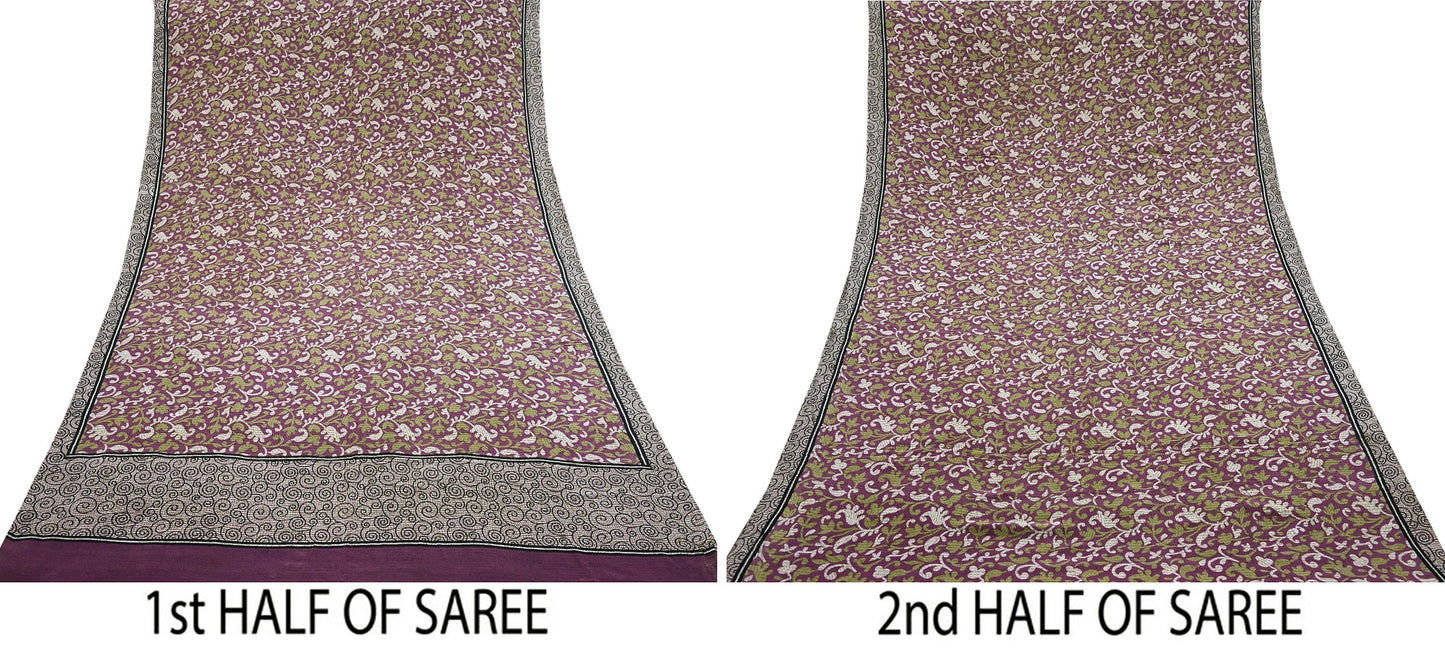 Indian Vintage Sari Purple Pure Crepe Silk Printed Sarees 5yd Sewing Soft Craft Fabric Wrap Dress Making Crafting Quilting Upcycle