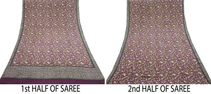 Indian Vintage Sari Purple Pure Crepe Silk Printed Sarees 5yd Sewing Soft Craft Fabric Wrap Dress Making Crafting Quilting Upcycle