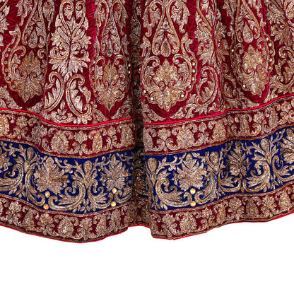 Manish Malhotra Red Velvet Lehenga Skirt Heavy Zardozi Dabka Embroidery Indian Bridal Wear, Designer Couture Wedding Outfit
