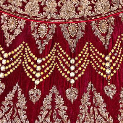 Manish Malhotra Red Velvet Lehenga Skirt Heavy Zardozi Dabka Embroidery Indian Bridal Wear, Designer Couture Wedding Outfit