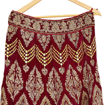 Manish Malhotra Red Velvet Lehenga Skirt Heavy Zardozi Dabka Embroidery Indian Bridal Wear, Designer Couture Wedding Outfit