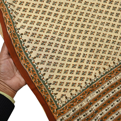 Indian Vintage Sari Beige Pure Crepe Silk Block Printed Sarees 5yd Sewing Floral Soft Craft Fabric Wrap Dress making Upcycle Crafting