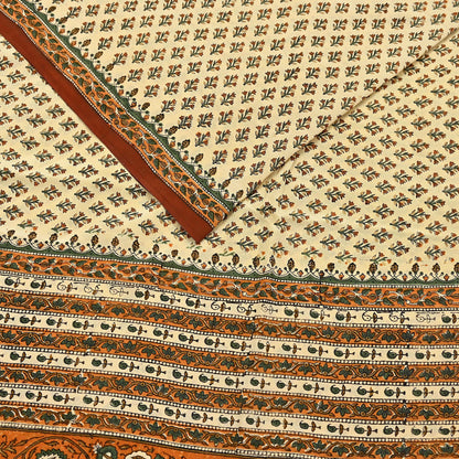 Indian Vintage Sari Beige Pure Crepe Silk Block Printed Sarees 5yd Sewing Floral Soft Craft Fabric Wrap Dress making Upcycle Crafting