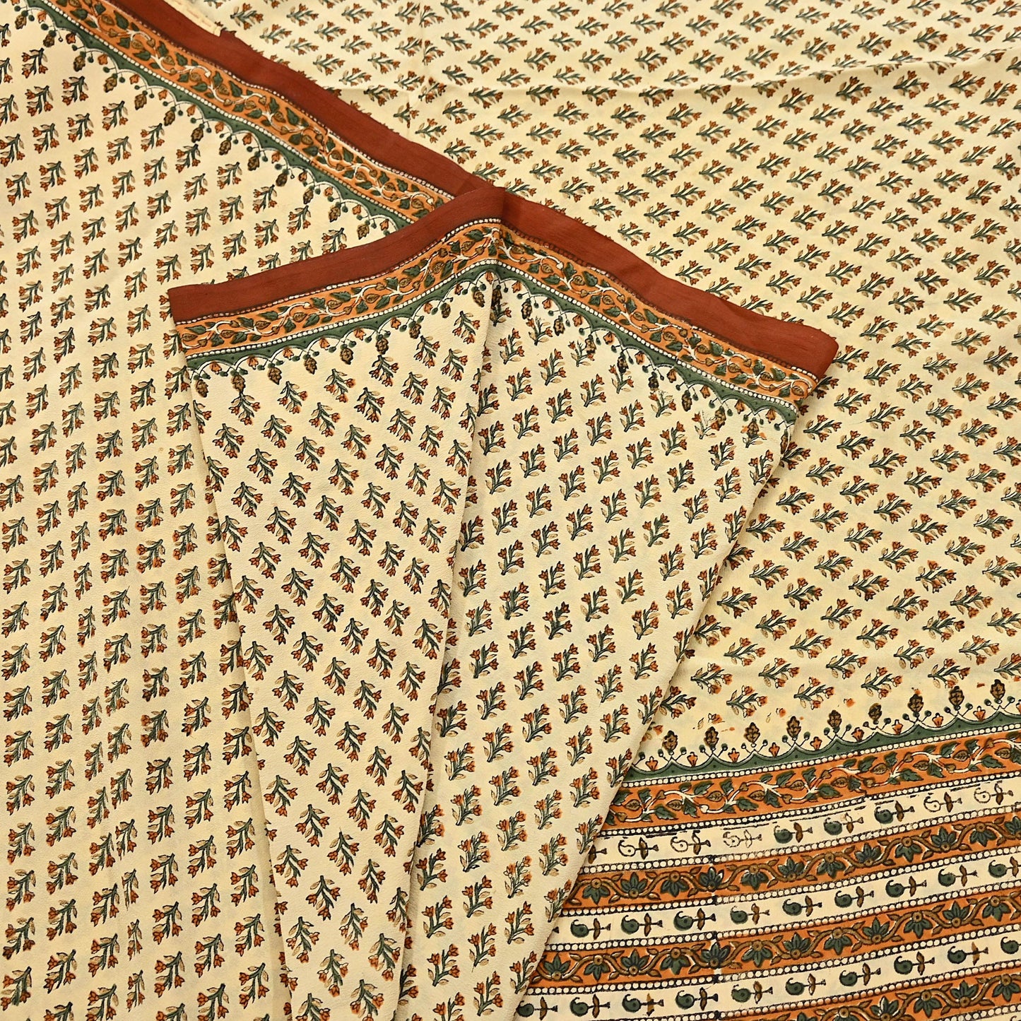 Indian Vintage Sari Beige Pure Crepe Silk Block Printed Sarees 5yd Sewing Floral Soft Craft Fabric Wrap Dress making Upcycle Crafting