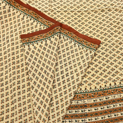 Indian Vintage Sari Beige Pure Crepe Silk Block Printed Sarees 5yd Sewing Floral Soft Craft Fabric Wrap Dress making Upcycle Crafting