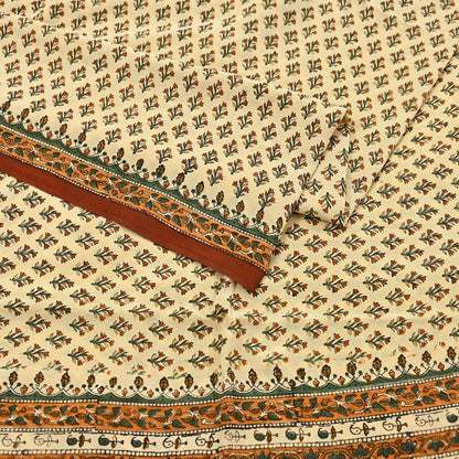 Indian Vintage Sari Beige Pure Crepe Silk Block Printed Sarees 5yd Sewing Floral Soft Craft Fabric Wrap Dress making Upcycle Crafting