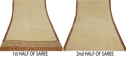 Indian Vintage Sari Beige Pure Crepe Silk Block Printed Sarees 5yd Sewing Floral Soft Craft Fabric Wrap Dress making Upcycle Crafting