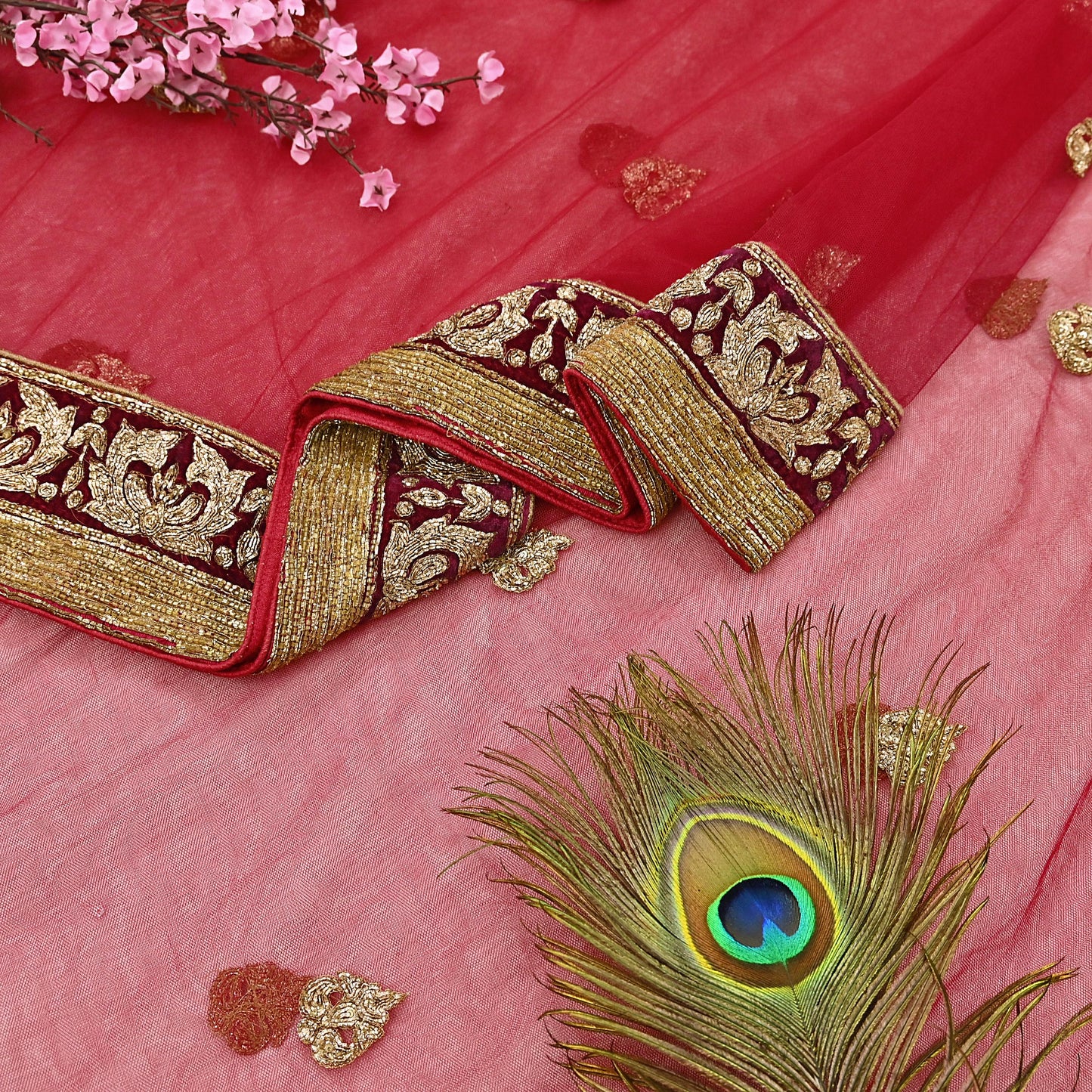 Indian Vintage Heavy Red Net/Mesh Hand Embroidered Dupatta Designer By Manish Malhotra Bridal Wear Zardozi Veil Hijab