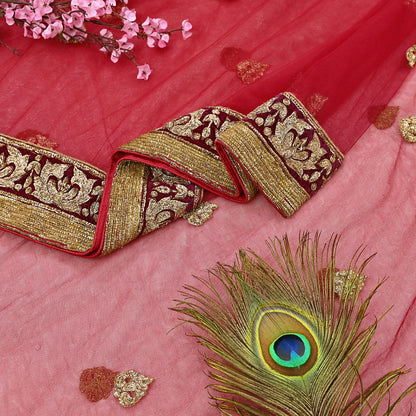Indian Vintage Heavy Red Net/Mesh Hand Embroidered Dupatta Designer By Manish Malhotra Bridal Wear Zardozi Veil Hijab