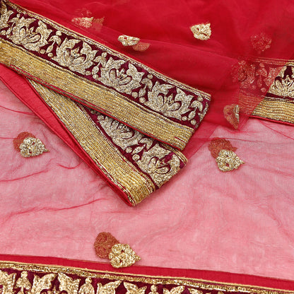 Indian Vintage Heavy Red Net/Mesh Hand Embroidered Dupatta Designer By Manish Malhotra Bridal Wear Zardozi Veil Hijab