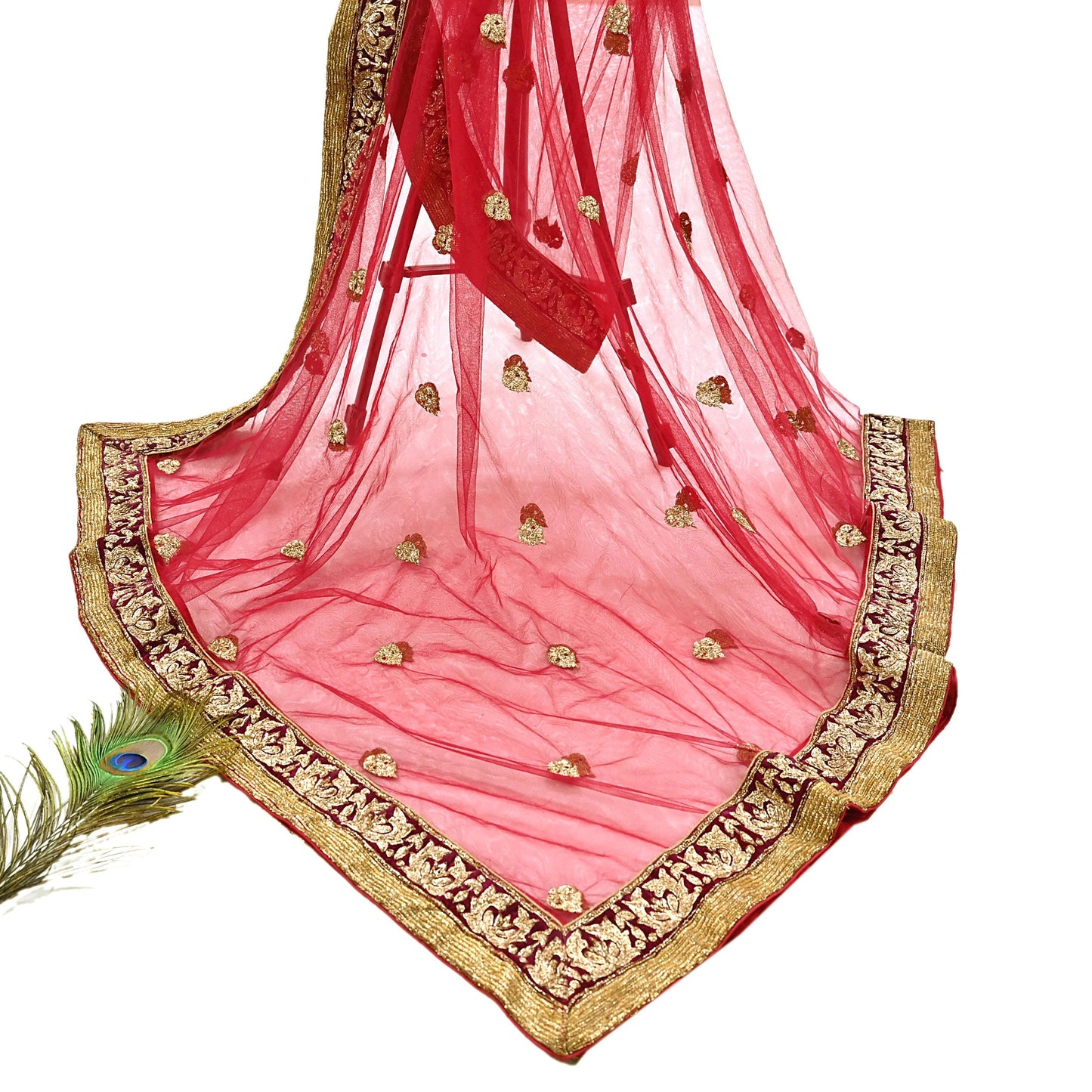 Indian Vintage Heavy Red Net/Mesh Hand Embroidered Dupatta Designer By Manish Malhotra Bridal Wear Zardozi Veil Hijab