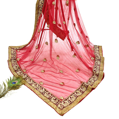 Indian Vintage Heavy Red Net/Mesh Hand Embroidered Dupatta Designer By Manish Malhotra Bridal Wear Zardozi Veil Hijab