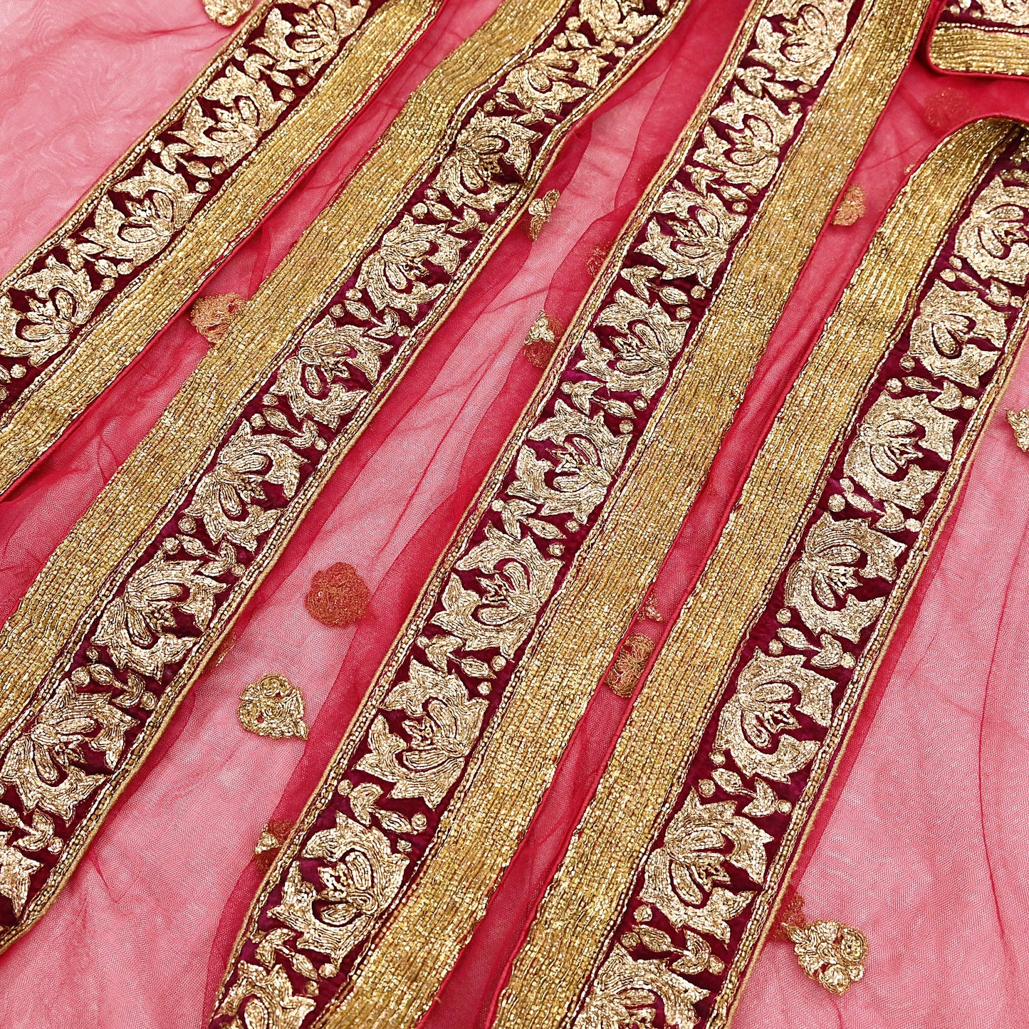 Indian Vintage Heavy Red Net/Mesh Hand Embroidered Dupatta Designer By Manish Malhotra Bridal Wear Zardozi Veil Hijab