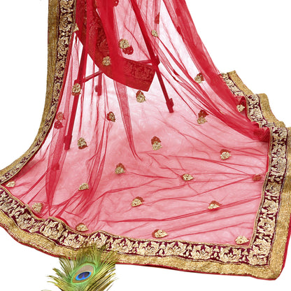 Indian Vintage Heavy Red Net/Mesh Hand Embroidered Dupatta Designer By Manish Malhotra Bridal Wear Zardozi Veil Hijab