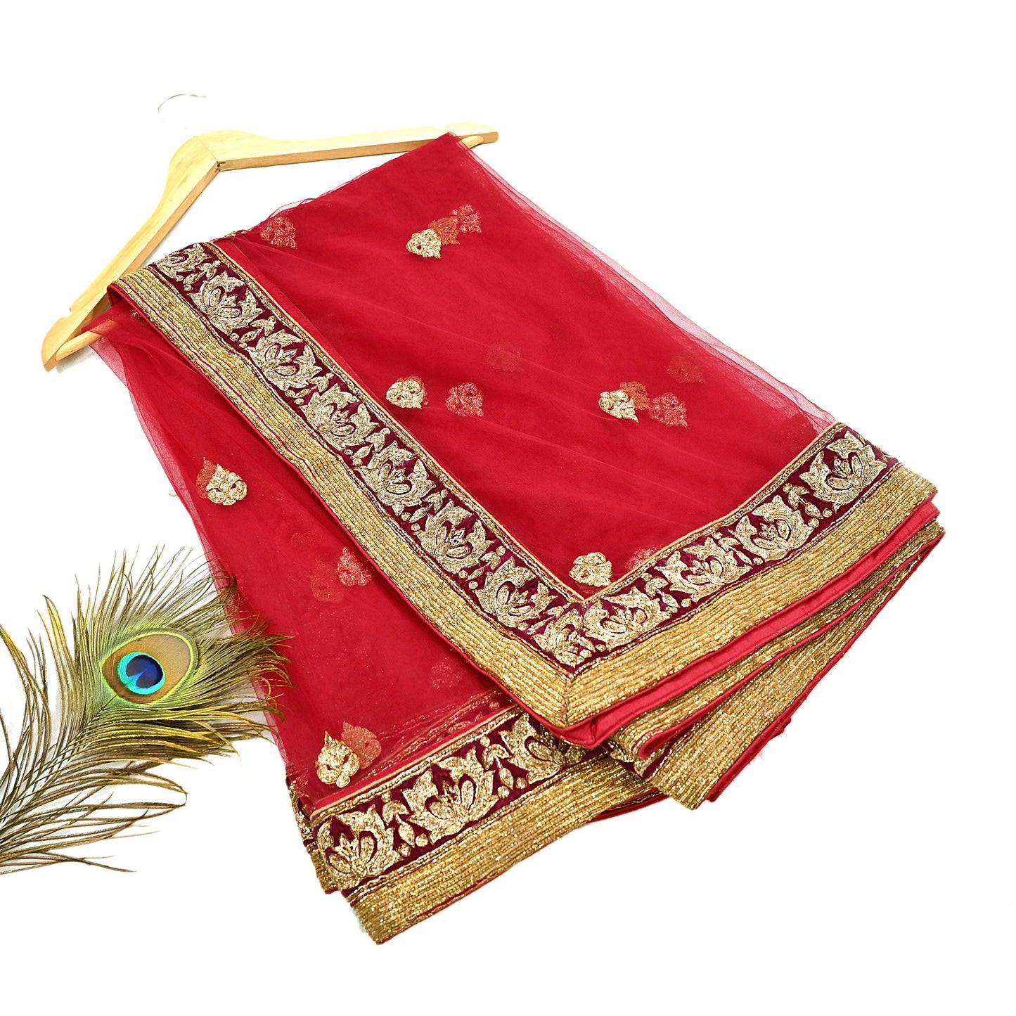 Indian Vintage Heavy Red Net/Mesh Hand Embroidered Dupatta Designer By Manish Malhotra Bridal Wear Zardozi Veil Hijab