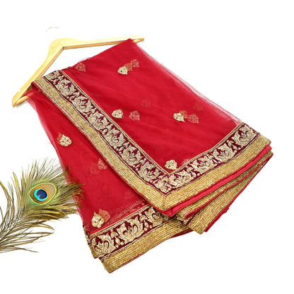Indian Vintage Heavy Red Net/Mesh Hand Embroidered Dupatta Designer By Manish Malhotra Bridal Wear Zardozi Veil Hijab