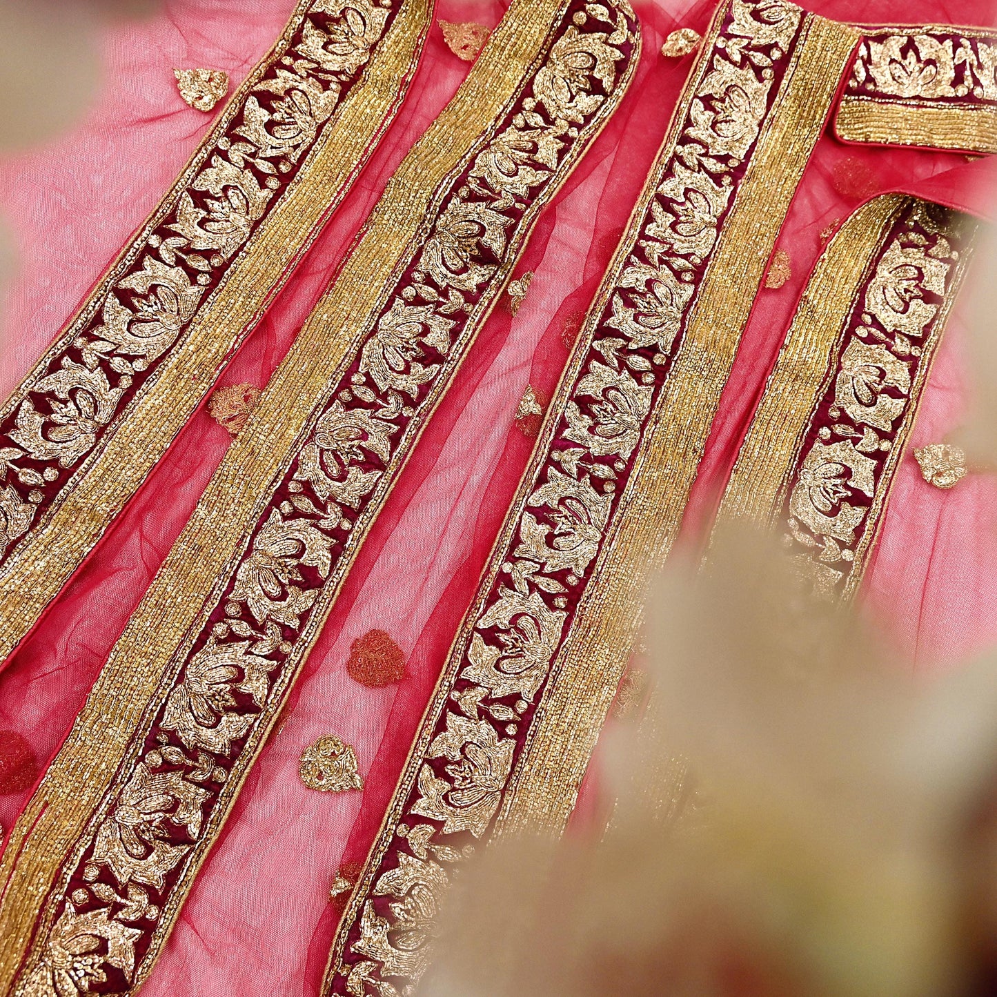 Indian Vintage Heavy Red Net/Mesh Hand Embroidered Dupatta Designer By Manish Malhotra Bridal Wear Zardozi Veil Hijab