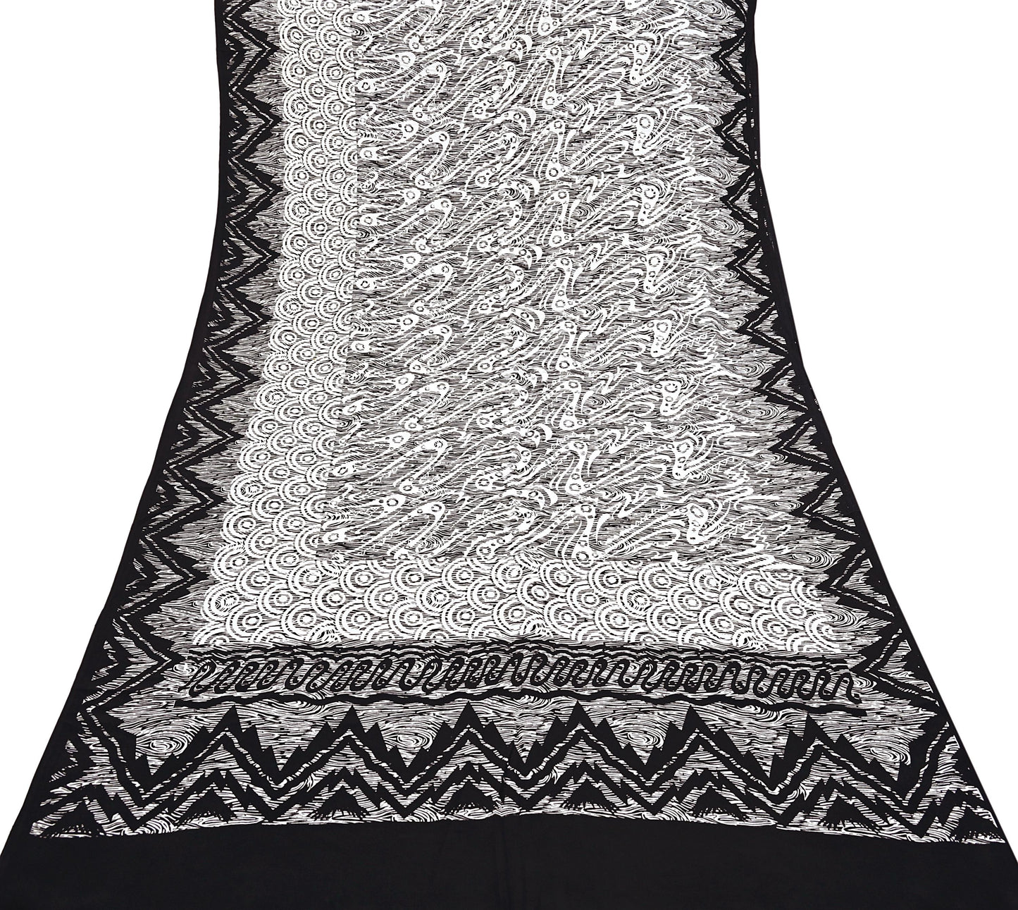 Indian Vintage Black & white Pure Crepe Silk Saree Abstrct Print 5 Yards Soft Sewing Fabric for Dressmaking, Quilting, Crafting Upcycling