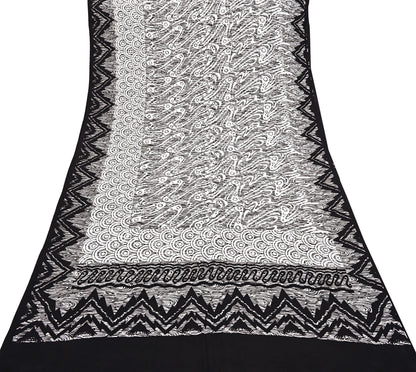 Indian Vintage Black & white Pure Crepe Silk Saree Abstrct Print 5 Yards Soft Sewing Fabric for Dressmaking, Quilting, Crafting Upcycling