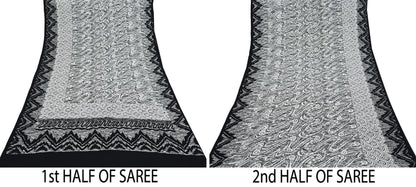 Indian Vintage Black & white Pure Crepe Silk Saree Abstrct Print 5 Yards Soft Sewing Fabric for Dressmaking, Quilting, Crafting Upcycling