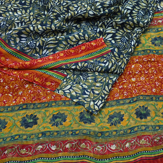 Indian Vintage Sari Green 100% Pure Georgette Silk Block Printed Sarees Sewing 6yd Craft Soft Dress Designing for Crafting Floral