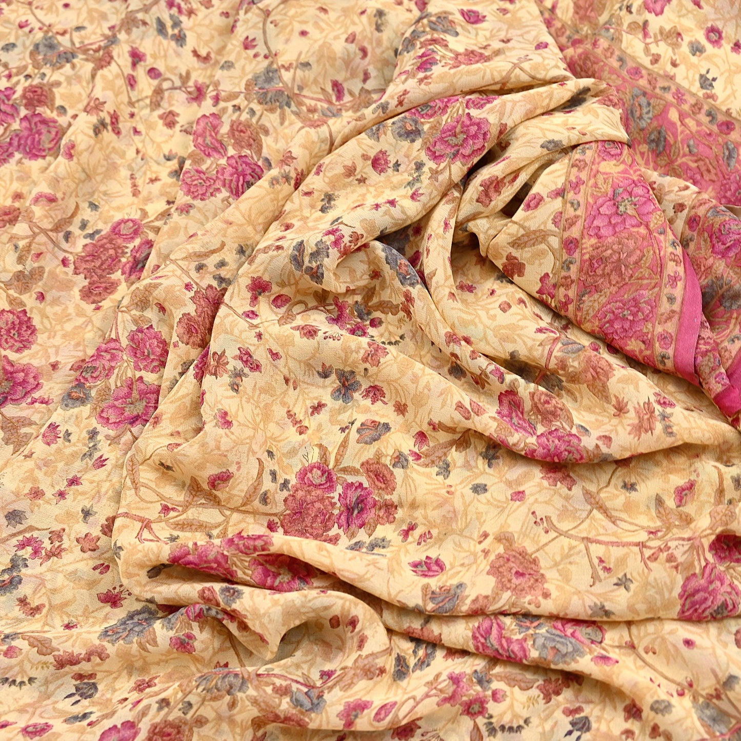 Indian Vintage Beige Saree 100% Pure Georgette Silk Printed Sari Sewing 6yd Craft Fabric Dress Designing for Dress making