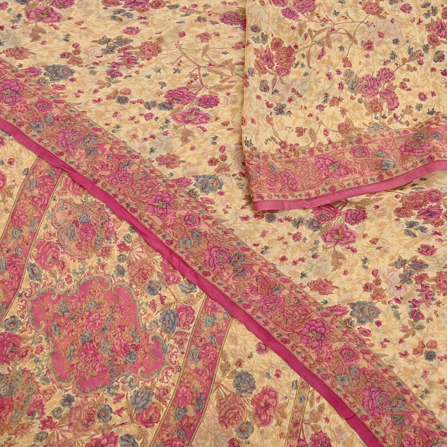 Indian Vintage Beige Saree 100% Pure Georgette Silk Printed Sari Sewing 6yd Craft Fabric Dress Designing for Dress making