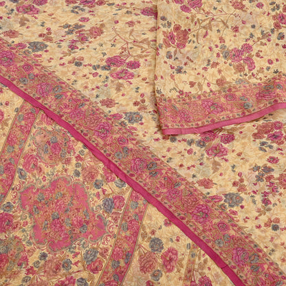 Indian Vintage Beige Saree 100% Pure Georgette Silk Printed Sari Sewing 6yd Craft Fabric Dress Designing for Dress making