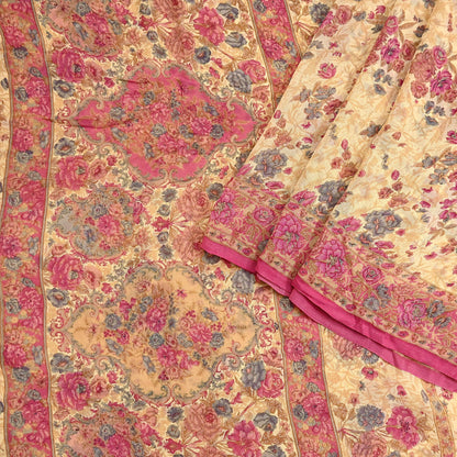 Indian Vintage Beige Saree 100% Pure Georgette Silk Printed Sari Sewing 6yd Craft Fabric Dress Designing for Dress making