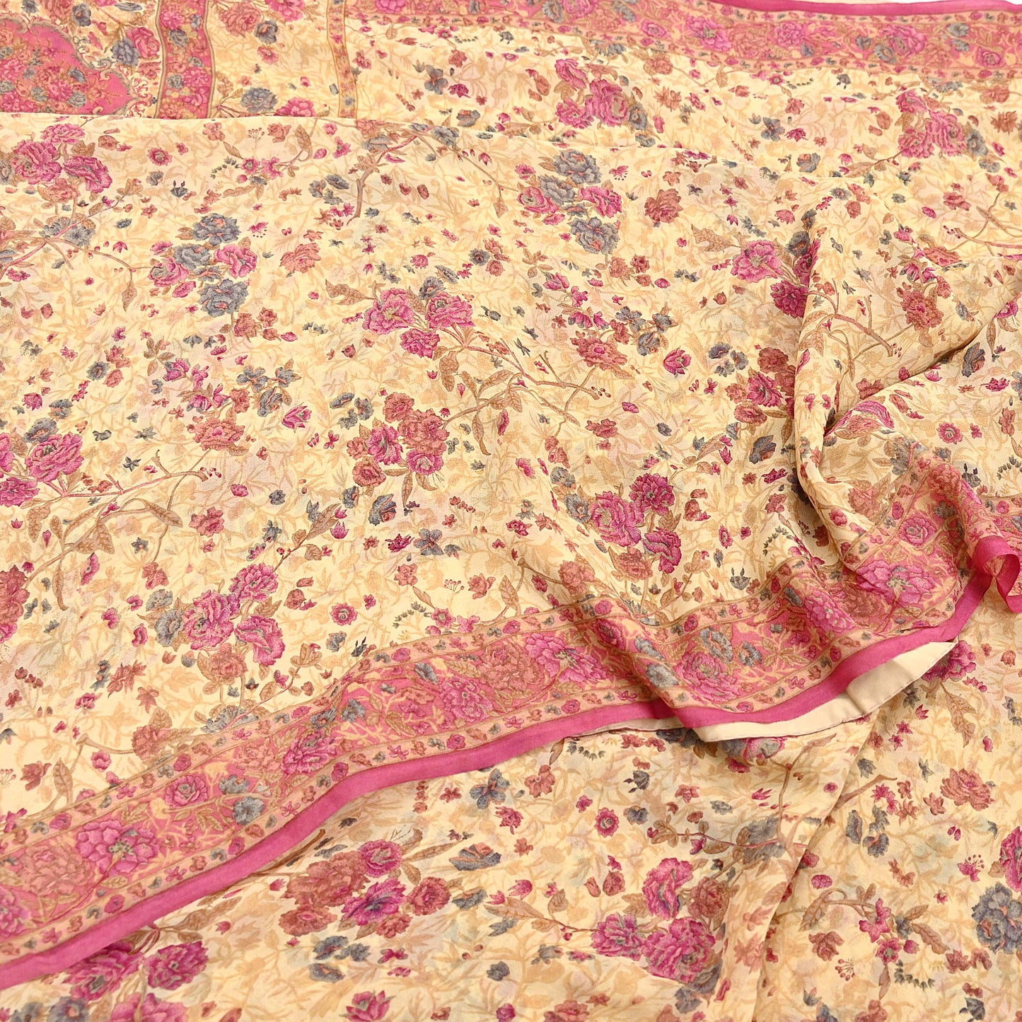 Indian Vintage Beige Saree 100% Pure Georgette Silk Printed Sari Sewing 6yd Craft Fabric Dress Designing for Dress making