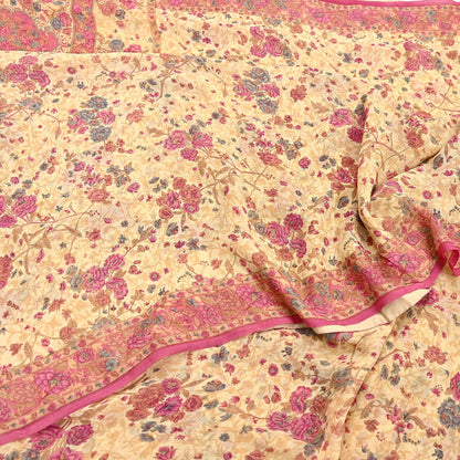 Indian Vintage Beige Saree 100% Pure Georgette Silk Printed Sari Sewing 6yd Craft Fabric Dress Designing for Dress making
