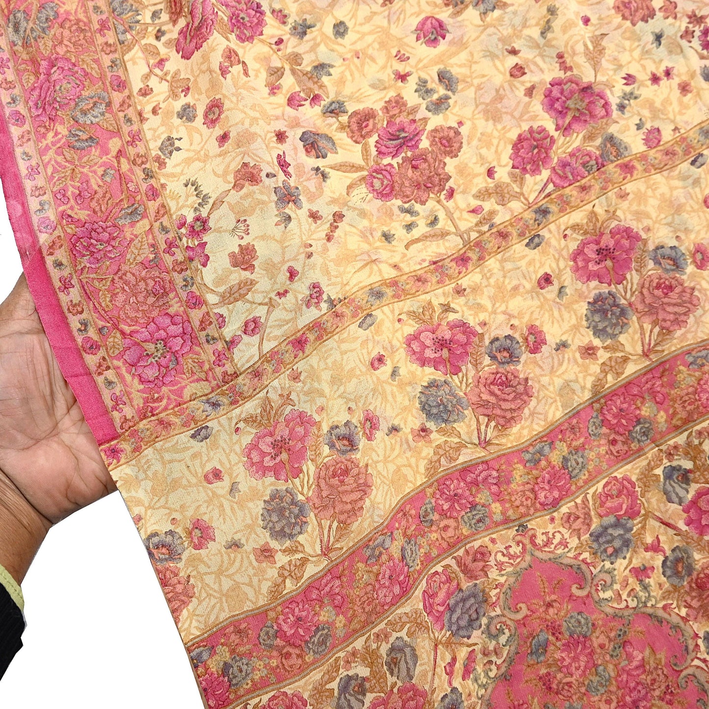 Indian Vintage Beige Saree 100% Pure Georgette Silk Printed Sari Sewing 6yd Craft Fabric Dress Designing for Dress making