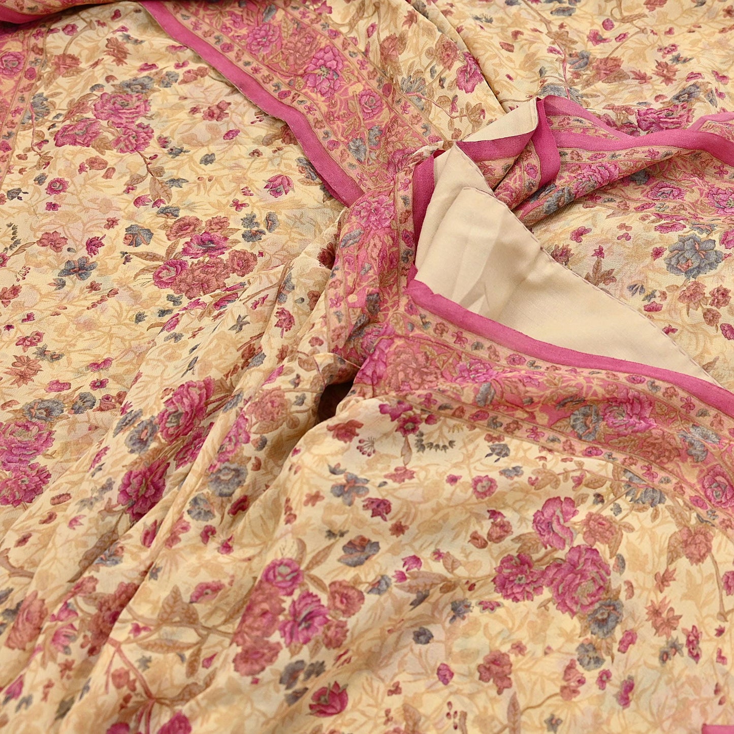 Indian Vintage Beige Saree 100% Pure Georgette Silk Printed Sari Sewing 6yd Craft Fabric Dress Designing for Dress making