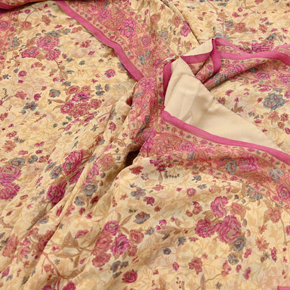 Indian Vintage Beige Saree 100% Pure Georgette Silk Printed Sari Sewing 6yd Craft Fabric Dress Designing for Dress making