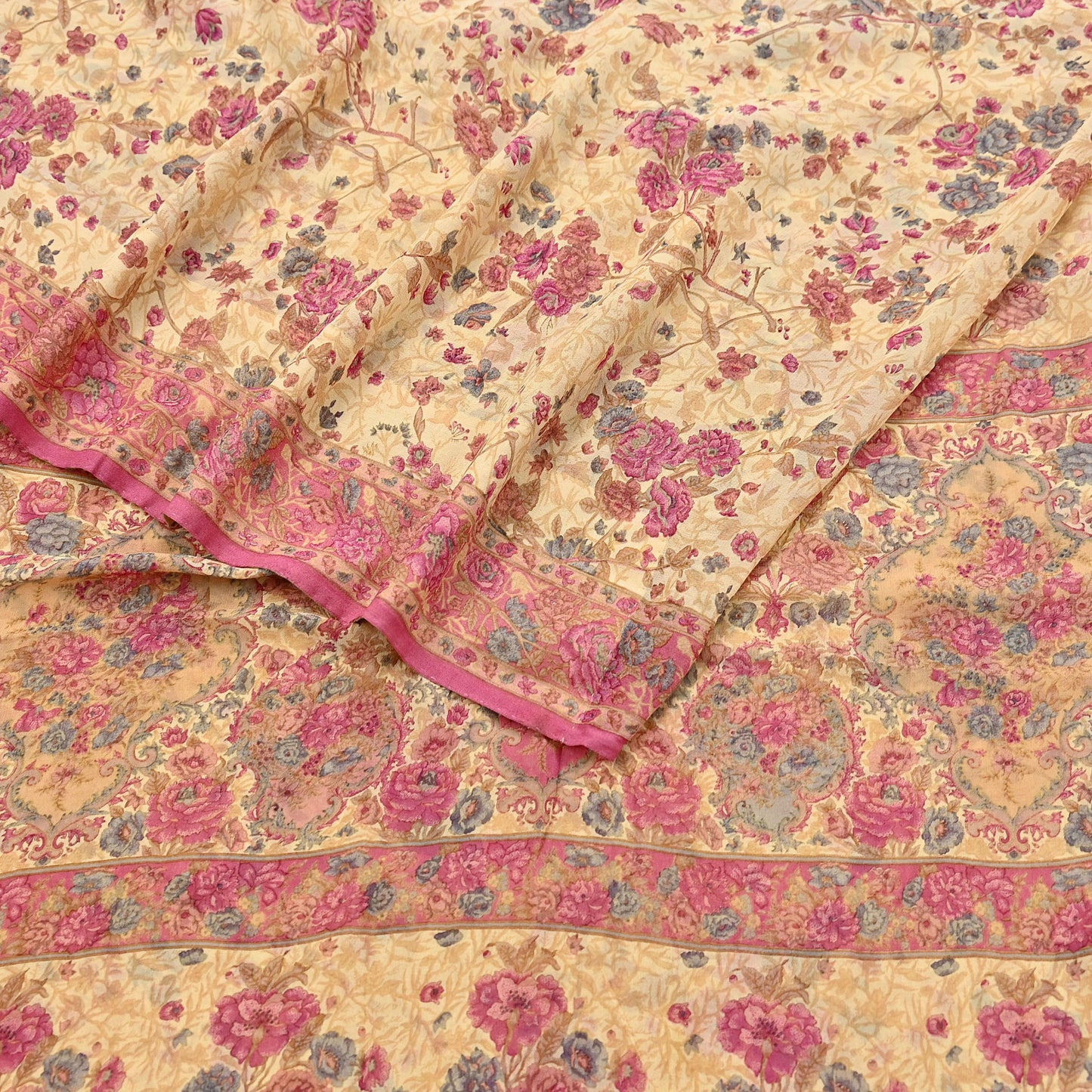 Indian Vintage Beige Saree 100% Pure Georgette Silk Printed Sari Sewing 6yd Craft Fabric Dress Designing for Dress making