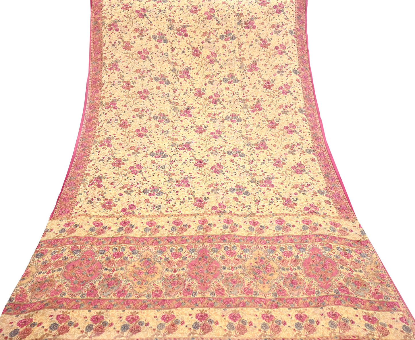 Indian Vintage Beige Saree 100% Pure Georgette Silk Printed Sari Sewing 6yd Craft Fabric Dress Designing for Dress making