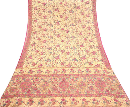 Indian Vintage Beige Saree 100% Pure Georgette Silk Printed Sari Sewing 6yd Craft Fabric Dress Designing for Dress making
