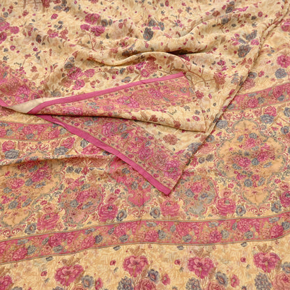 Indian Vintage Beige Saree 100% Pure Georgette Silk Printed Sari Sewing 6yd Craft Fabric Dress Designing for Dress making