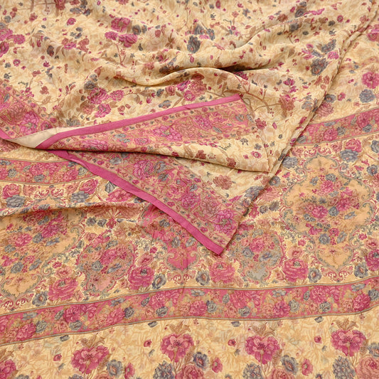 Indian Vintage Beige Saree 100% Pure Georgette Silk Printed Sari Sewing 6yd Craft Fabric Dress Designing for Dress making