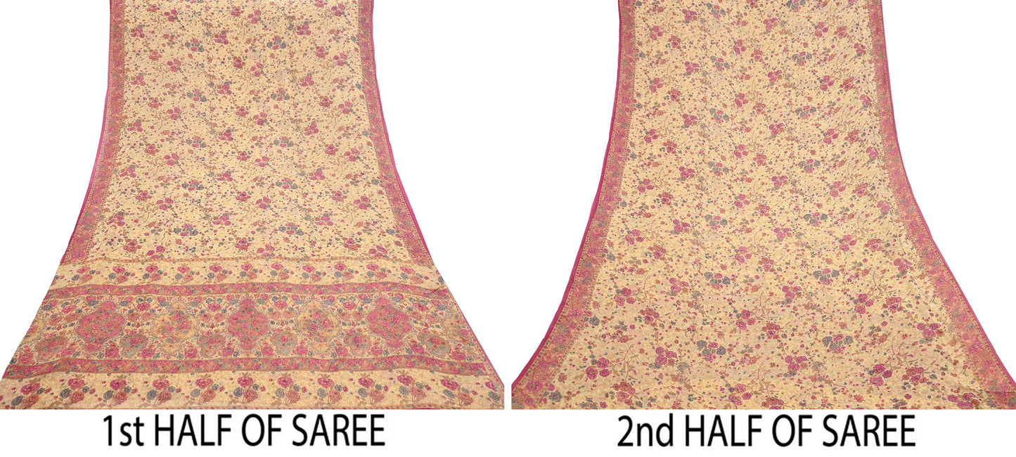 Indian Vintage Beige Saree 100% Pure Georgette Silk Printed Sari Sewing 6yd Craft Fabric Dress Designing for Dress making