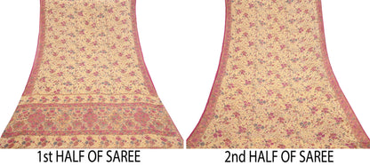Indian Vintage Beige Saree 100% Pure Georgette Silk Printed Sari Sewing 6yd Craft Fabric Dress Designing for Dress making