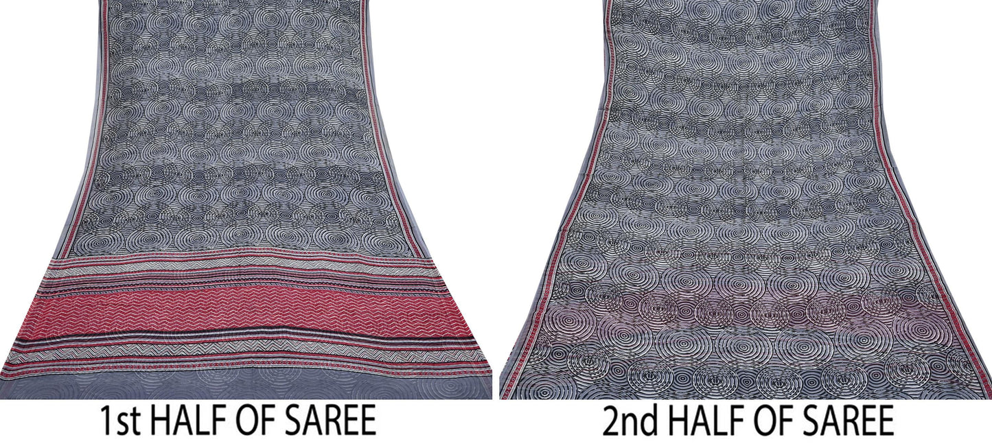 Indian Vintage Black & Gray Saree 100% Pure Georgette Silk Printed Sari Sewing 6yd Craft Fabric Dress Designing for Dress making