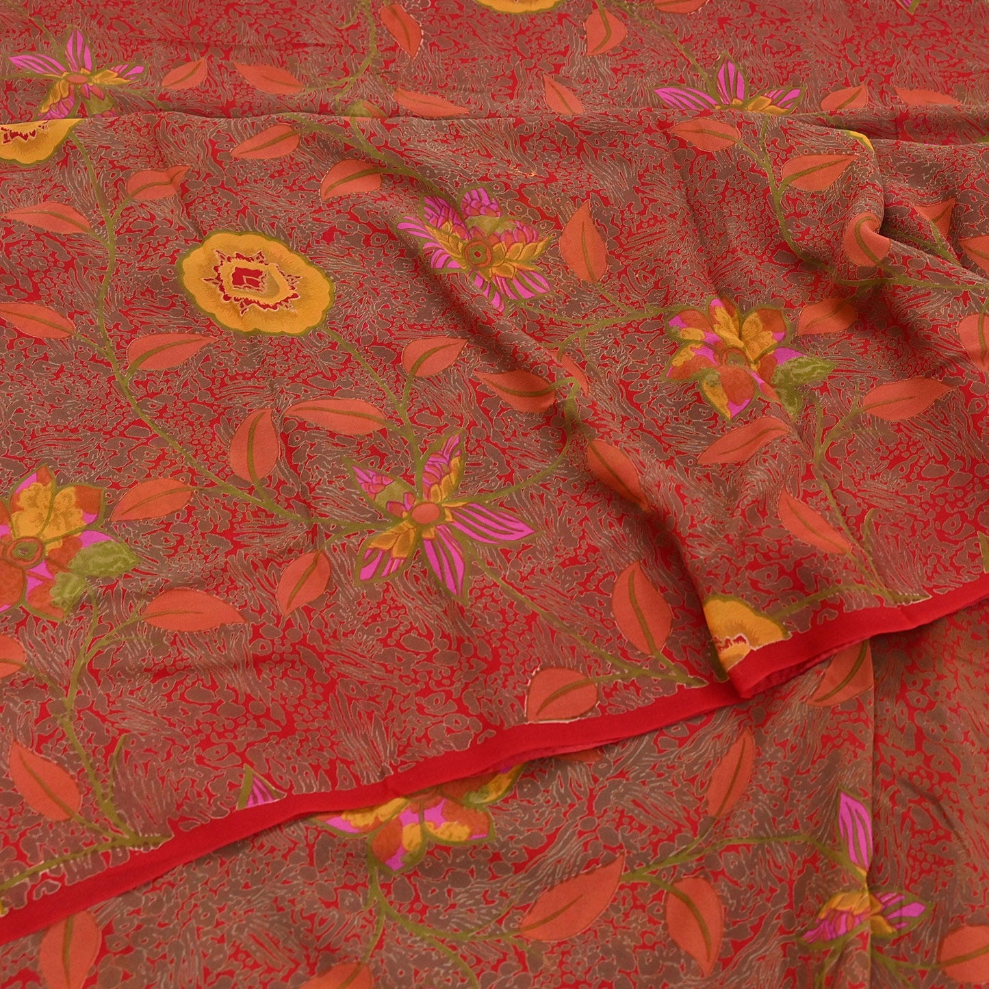 Indian Vintage Red Saree 100% Pure Georgette Silk Printed Sari Sewing 5yd Craft Fabric Dress Designing for Dress making