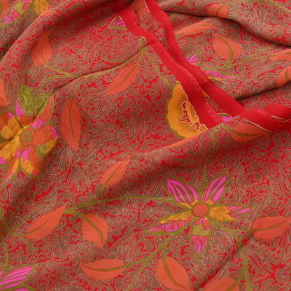 Indian Vintage Red Saree 100% Pure Georgette Silk Printed Sari Sewing 5yd Craft Fabric Dress Designing for Dress making