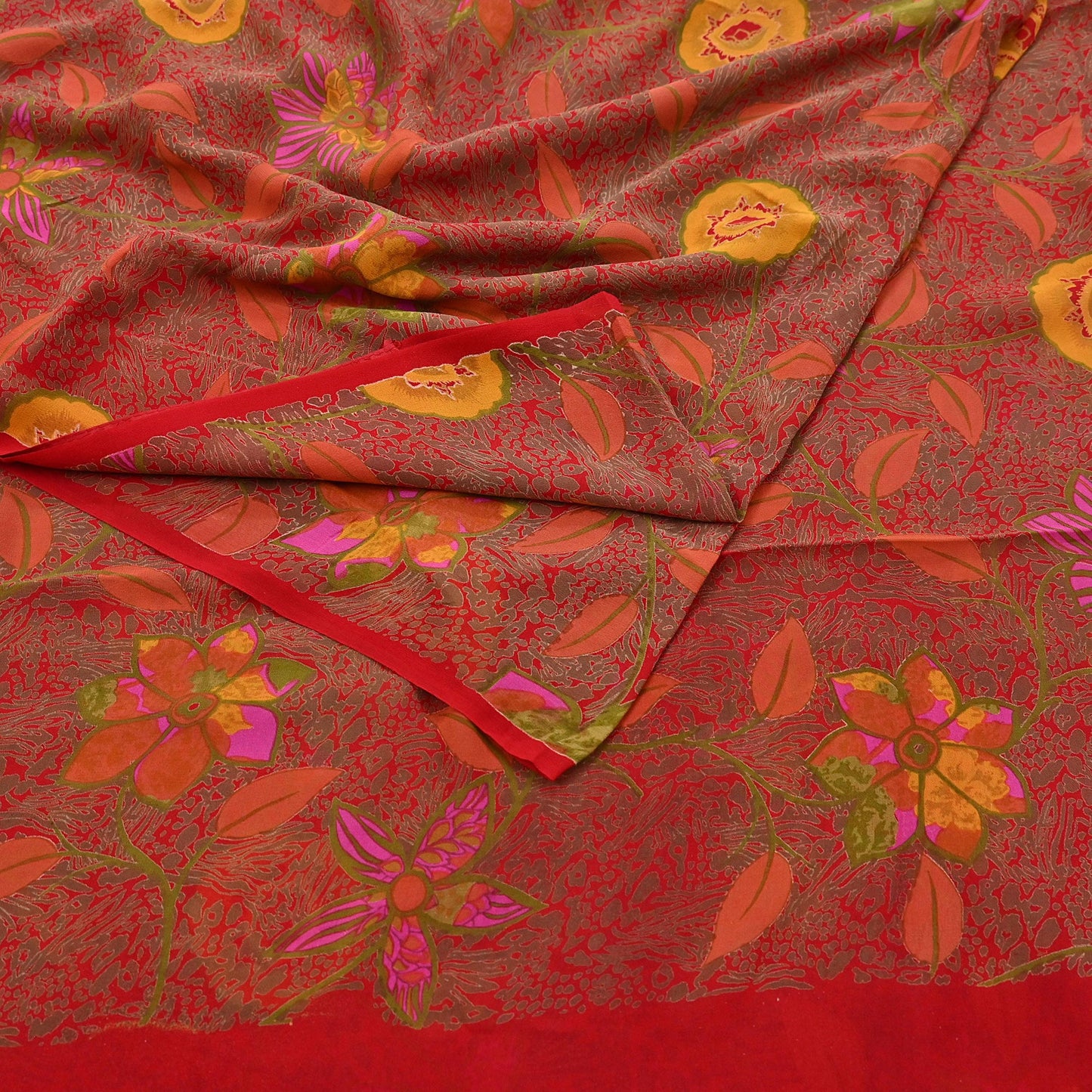 Indian Vintage Red Saree 100% Pure Georgette Silk Printed Sari Sewing 5yd Craft Fabric Dress Designing for Dress making