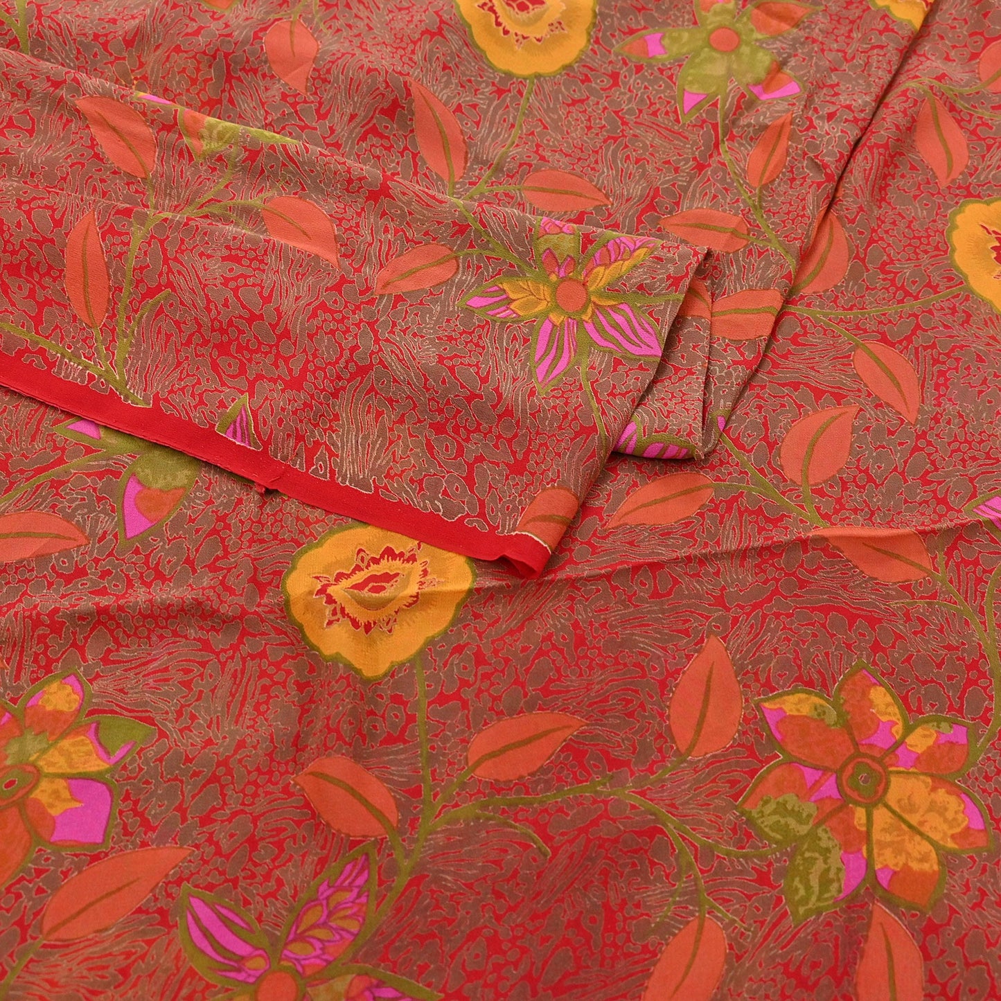 Indian Vintage Red Saree 100% Pure Georgette Silk Printed Sari Sewing 5yd Craft Fabric Dress Designing for Dress making