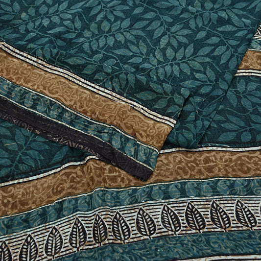 Women Vintage Sari Green Pure Georgette Silk Printed Saree Craft Fabric Sewing 6Yard Soft Light Dress Making Floral