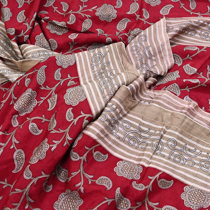 Indian Vintage Sari Red & Brown 100% Pure Silk Printed Sarees 6yd Craft Fabric Sewing Soft Dress Making Floral Quilting Crafting Upcycle