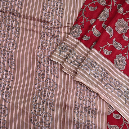 Indian Vintage Sari Red & Brown 100% Pure Silk Printed Sarees 6yd Craft Fabric Sewing Soft Dress Making Floral Quilting Crafting Upcycle